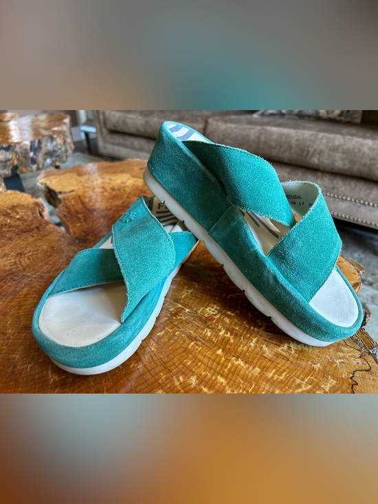Fly London Shoes - Fly London Teal Suede Crisscross Platform Sandals
